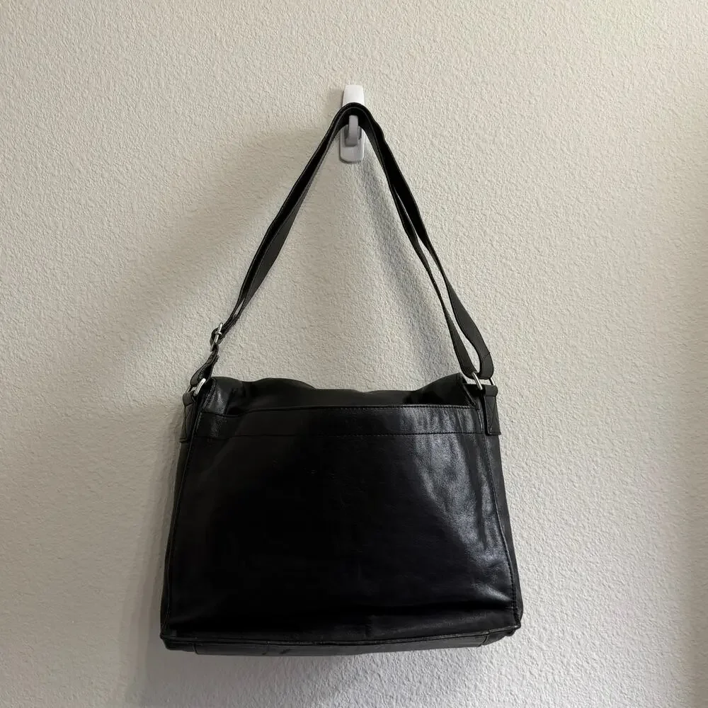 Cole Haan Black Leather Messenger Laptop Bag Briefcase Crossbody Work Travel